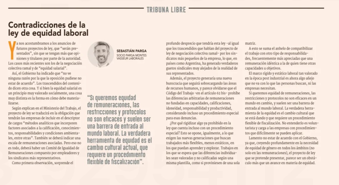 Reflexiones sobre la Ley de Equidad Laboral  | Columna Diario Financiero